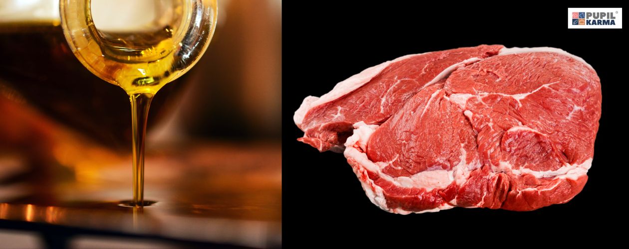 Dlaczego tłuszcz jest ważny. Na czarnym tle zdjęcie oleju i mięsa. Po prawej logo pupilkarma.